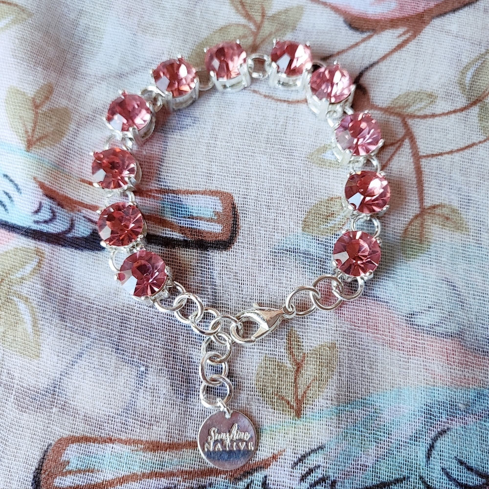 Sunshine Native Silver Tone Pink Large Glass Faceted Tennis Bracelet Prong Set